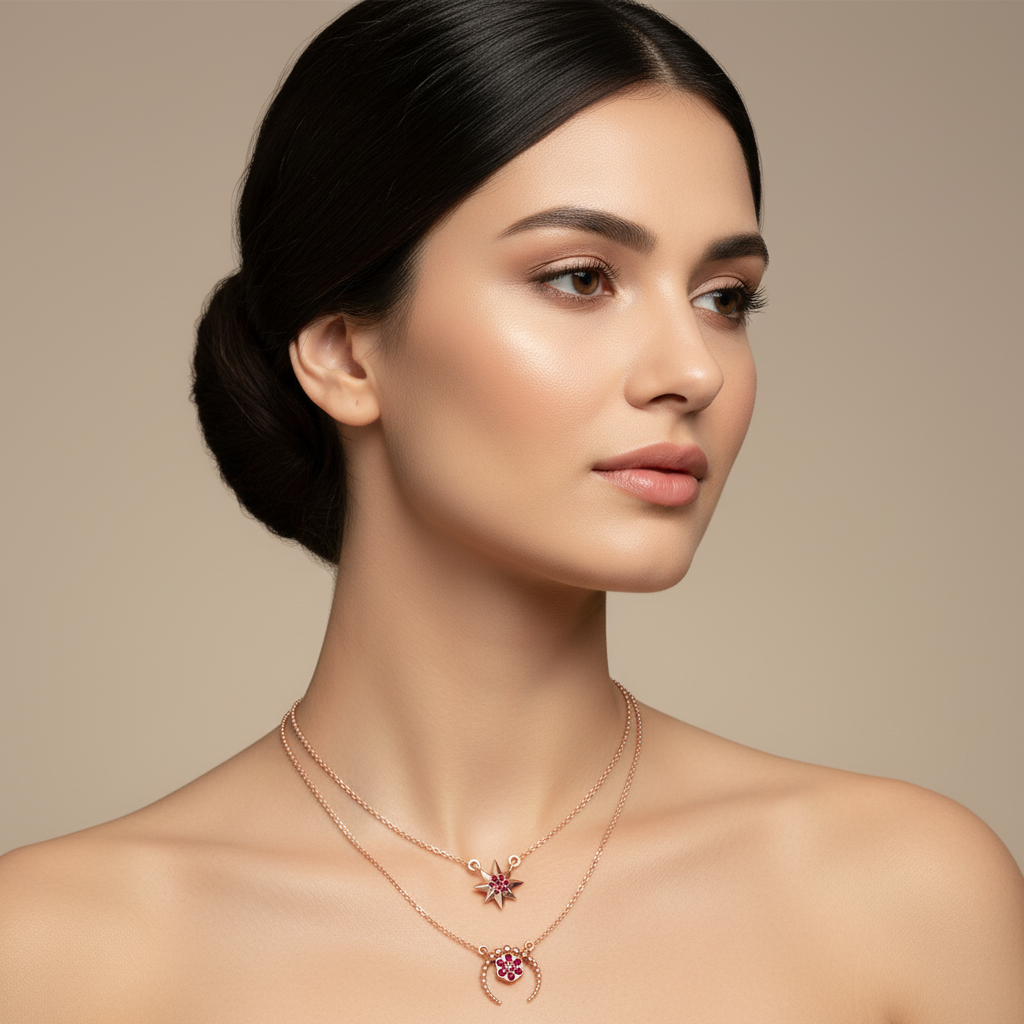 Ruby Star And Flower Layered Necklace Set - Five