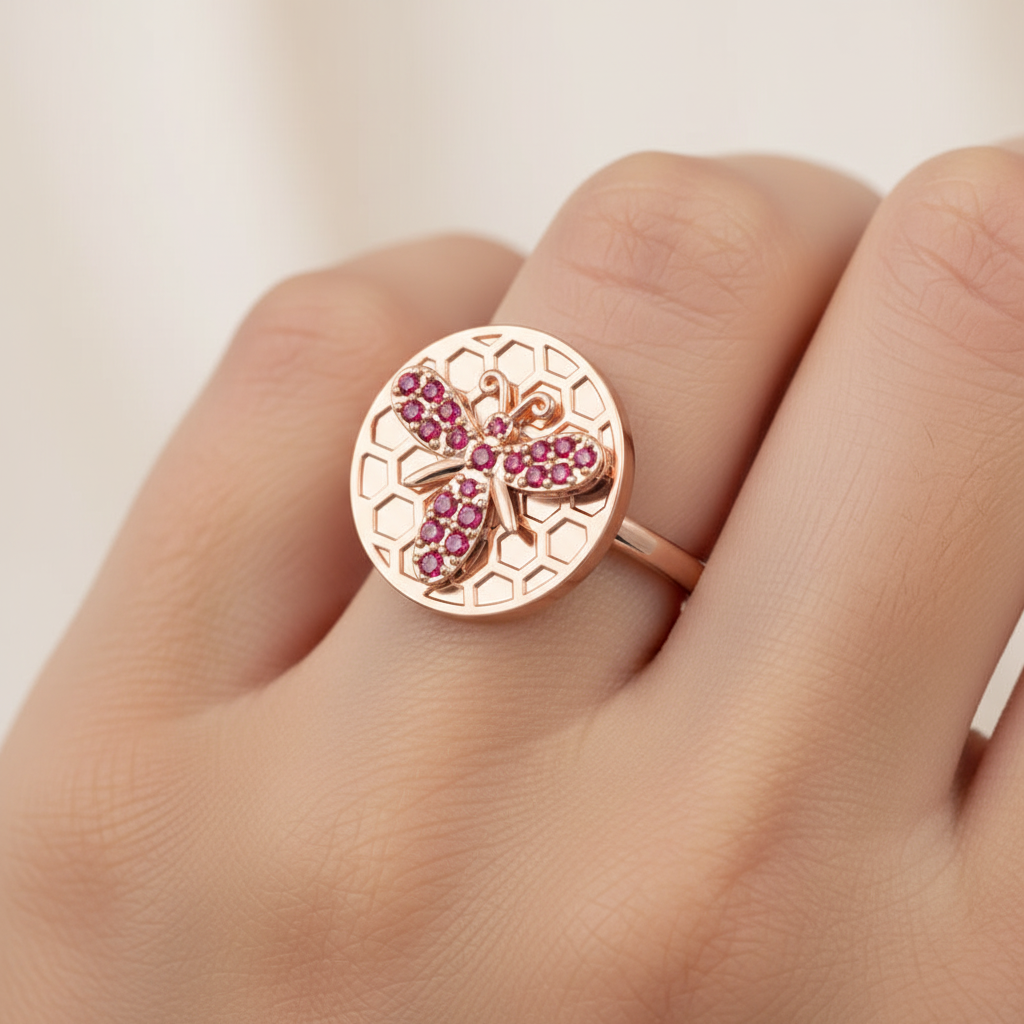 Honeycomb Bee Ring With Pink Gemstones Rose Tone - Eight