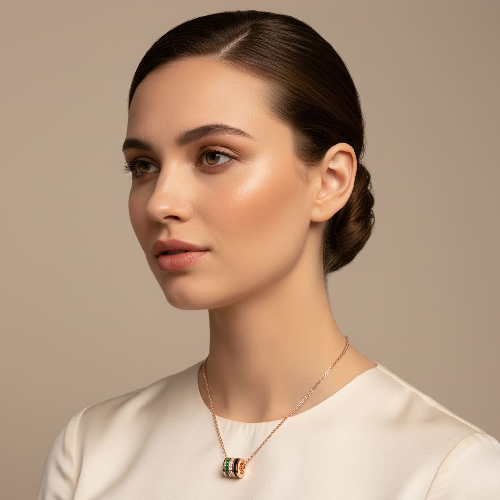 Emerald And Diamond Barrel Pendant Necklace With Black Enamel Accent - Five