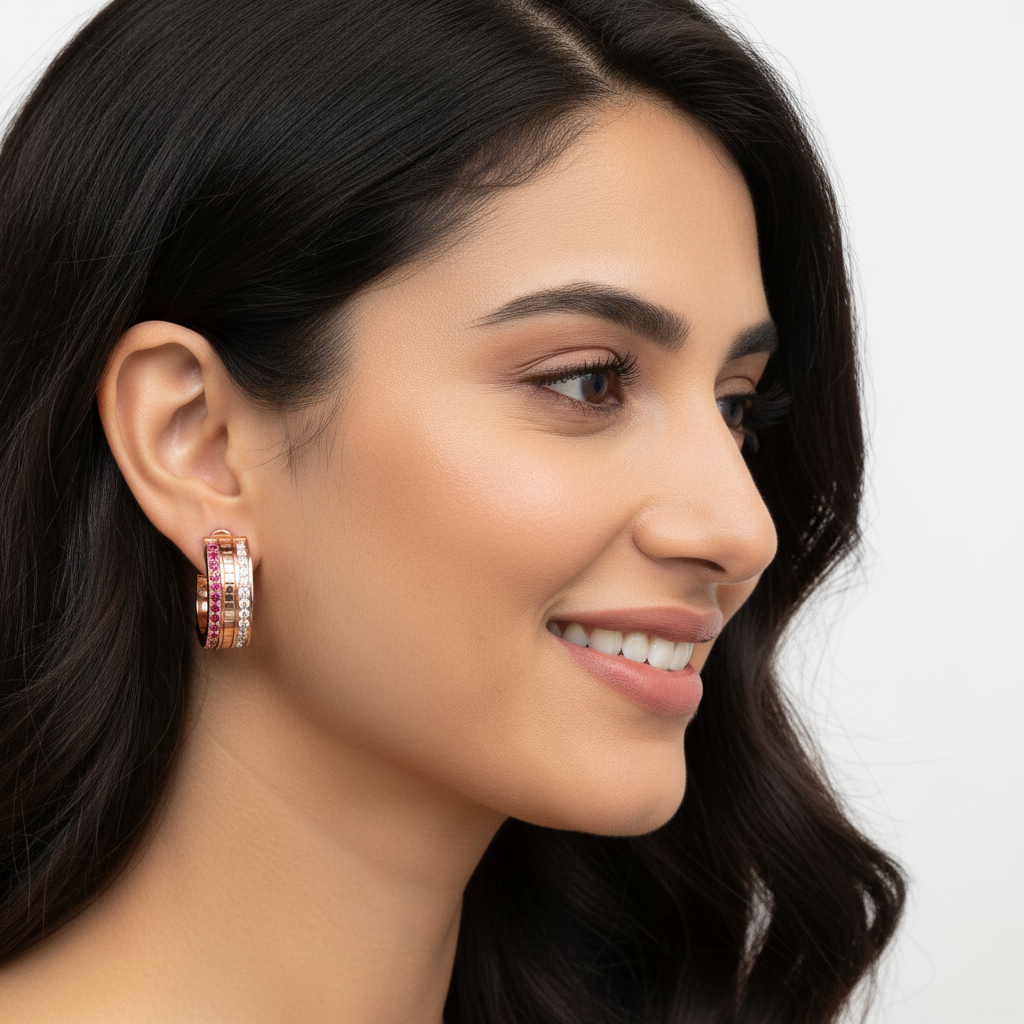 Ruby & Diamond Dual Row Hoop Earrings In Rose Gold – Luxury Festive Hoops | Jebij - Eight