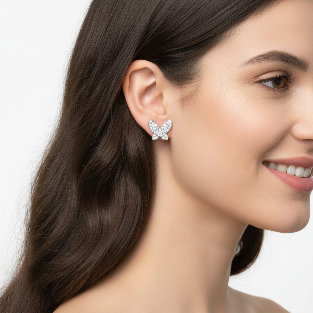 Pav Butterfly Stud Earrings With Screw Back - Five