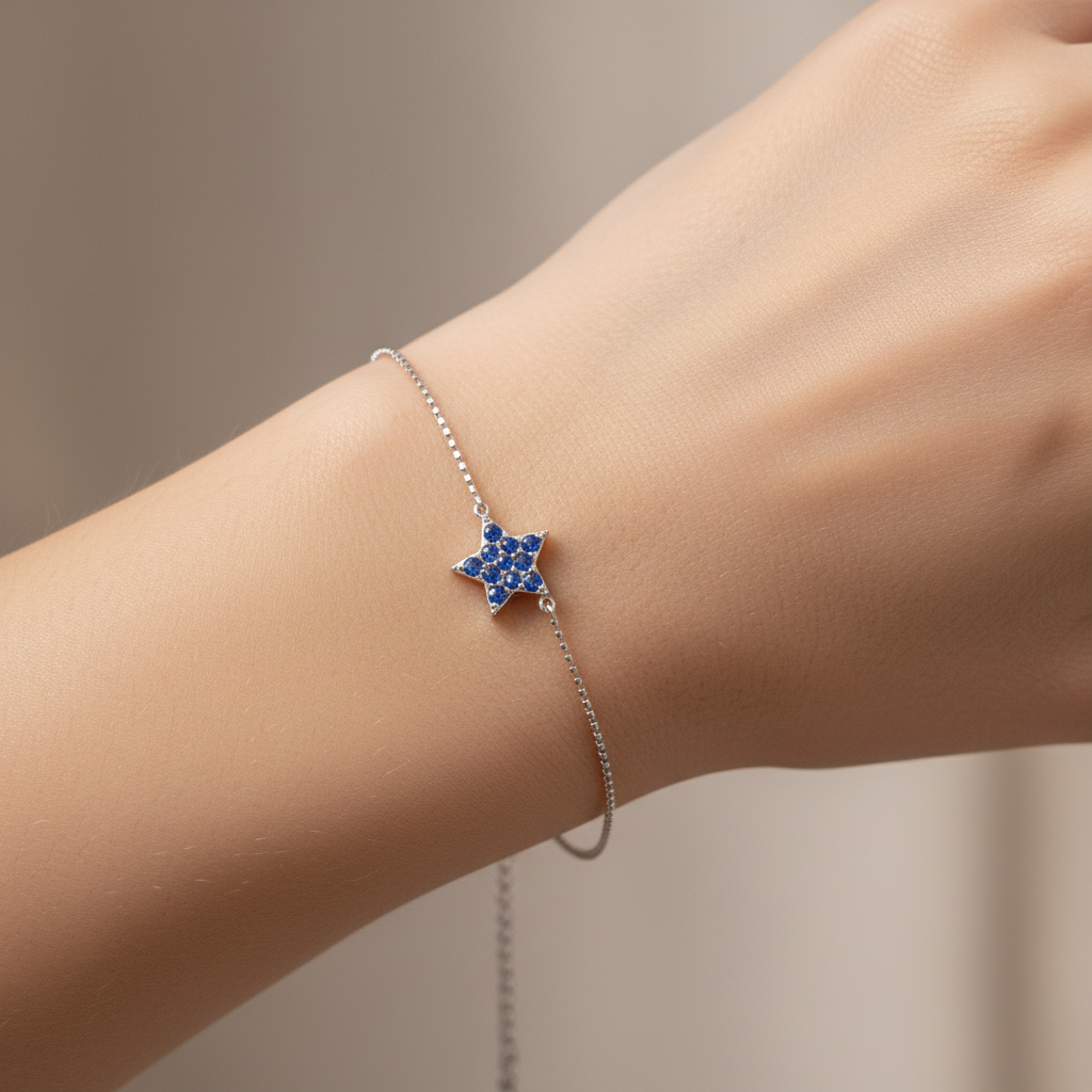 Blue Sapphire Star Pendant Bracelet With Chain Link Design - Eight