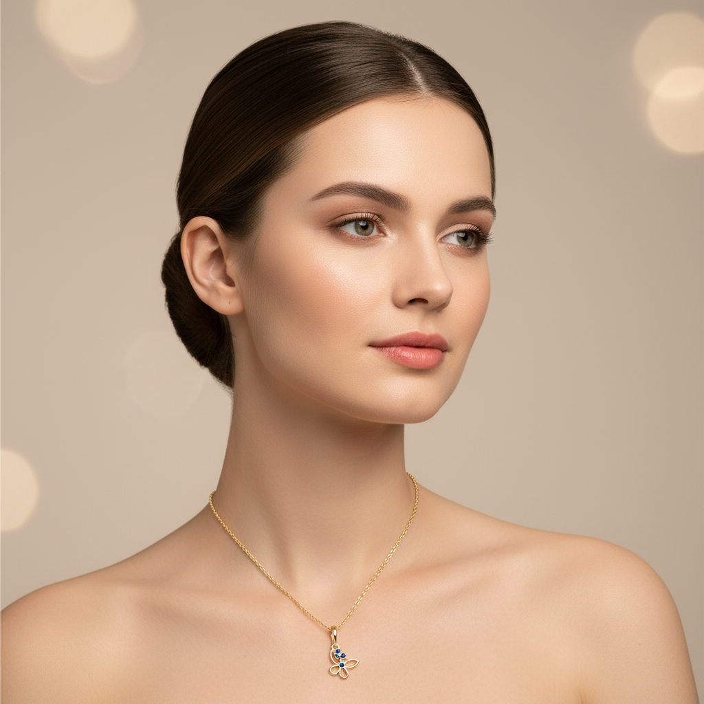 Blue Crystal Butterfly Pendant Necklace With Chain - Five