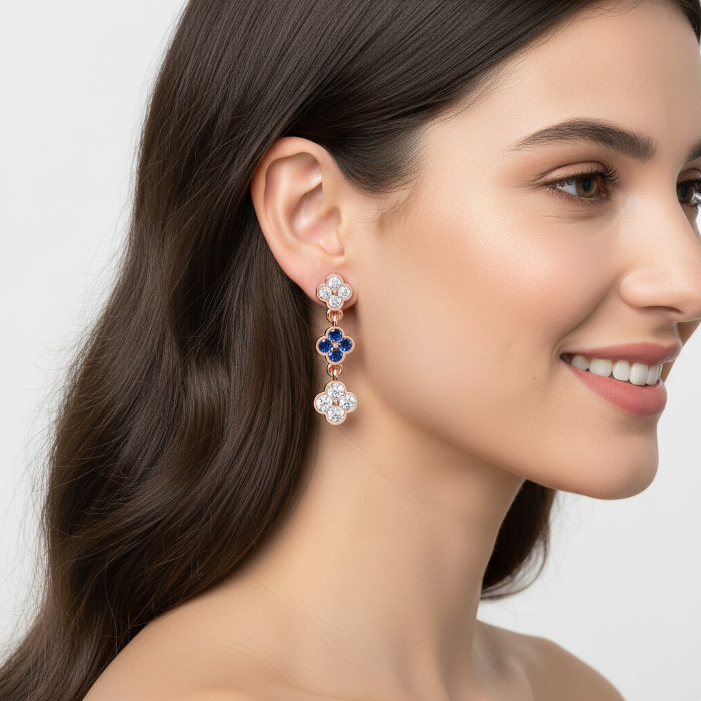 Rose Gold Diamond And Blue Gemstone Clover Drop Earrings - Eight