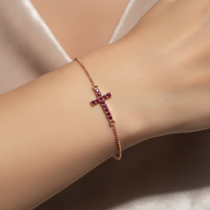 Sideways Cross Bracelet With Pink Crystal Stones Rose Tone Chain - Eight