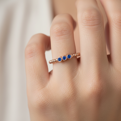 Blue Sapphire Beaded Open Wrap Ring Rose Tone - Eight