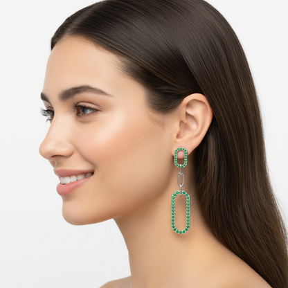 Green Lab Grown Gemstone Link Drop Earrings Pave Oval Chain Statement Dangle Design - Five