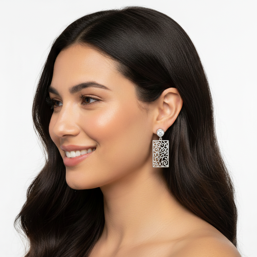 14K Gold Filigree Rectangle Earrings Diamond Studs