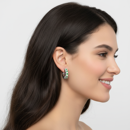 Emerald And Diamond Tworow Hoop Earrings In White Gold - Eight