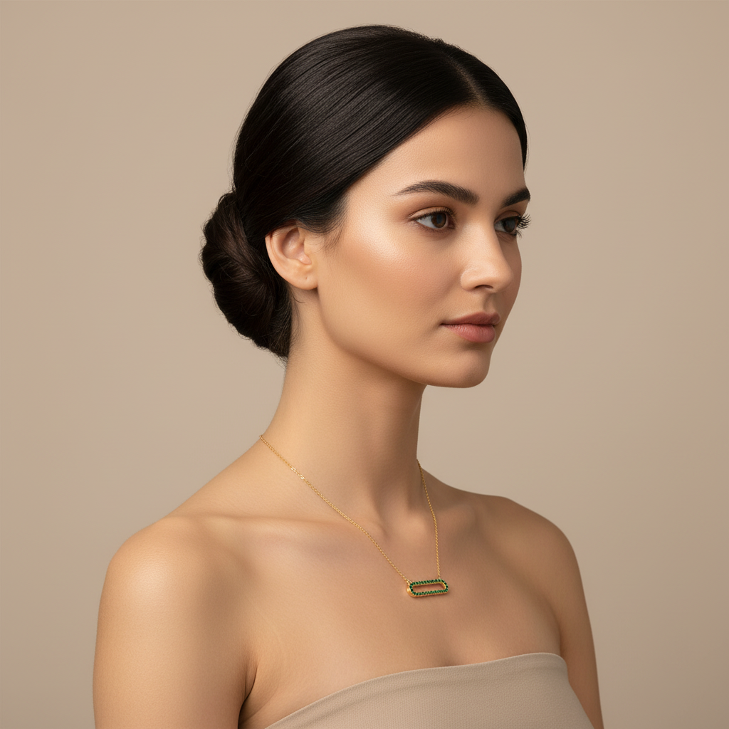 Lab-Grown Emerald Horizontal Link Pendant Necklace In Rose Gold | Minimal Modern Pave Design (16–17 Inch Adjustable) | Jebij - Five