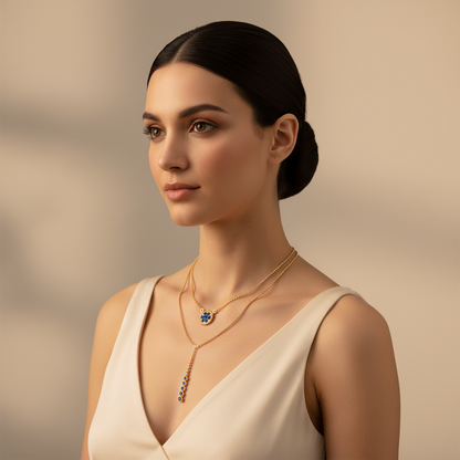 Blue Crystal Flower Double Layer Drop Necklace - Five