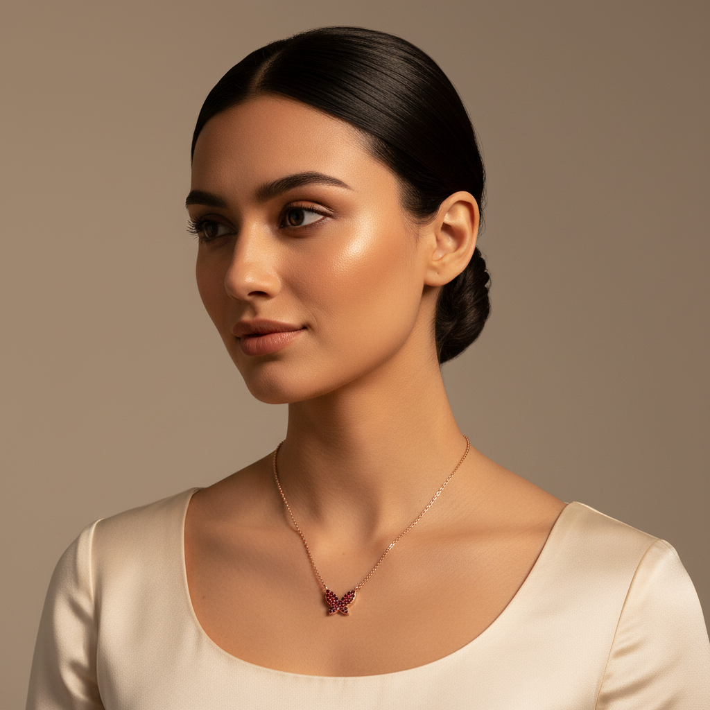 Ruby Butterfly Pendant Necklace With Beaded Chain - Six