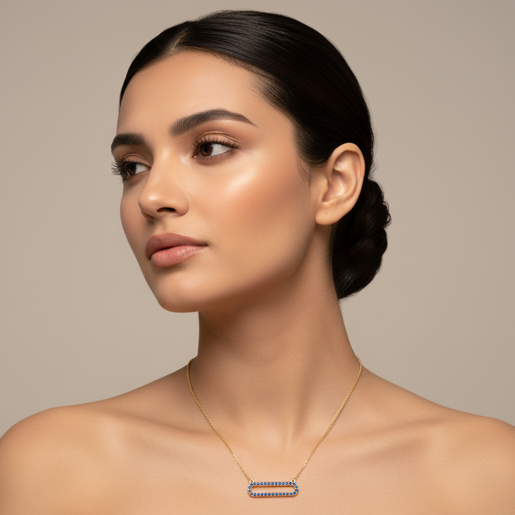 Lab-Grown Blue Sapphire Horizontal Link Pendant Necklace In Rose Gold | Minimal Modern Pave Design (16–17 Inch Adjustable) | Jebij - Five