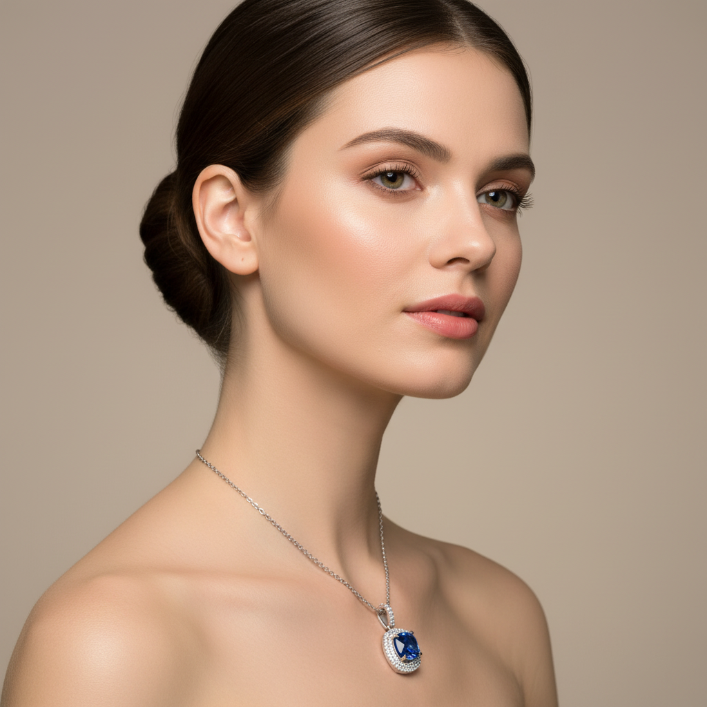 Cushion Cut Blue Sapphire Double Halo Pendant Necklace With Moissanite Accents In 925 Silver - Nine