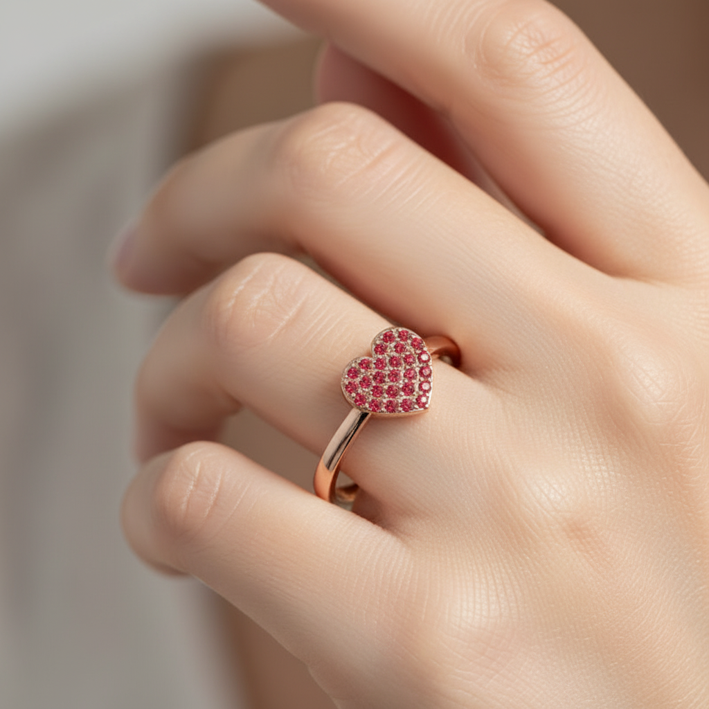 Pav Ruby Heart Ring In Rose Tone - Eight