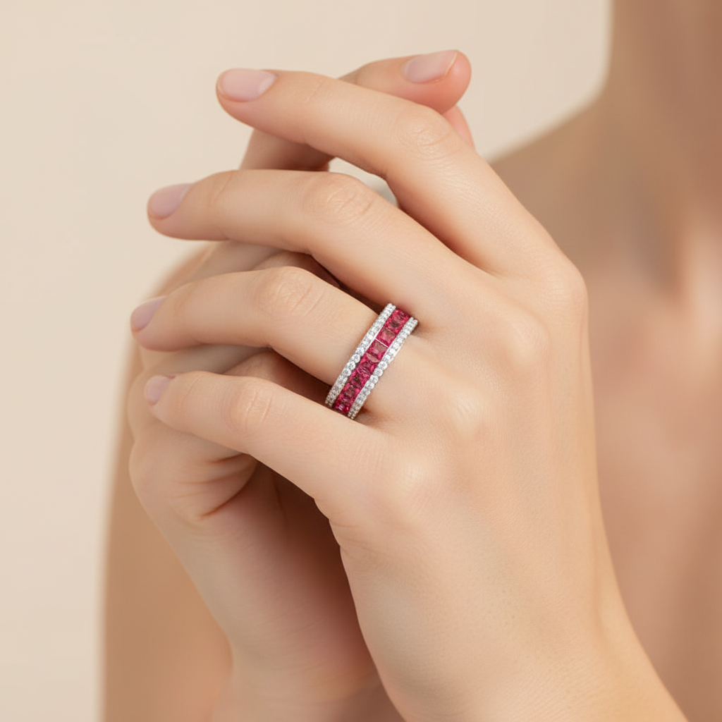 Princess Cut Ruby And Diamond Channel Set Wedding Band Ring - Nine