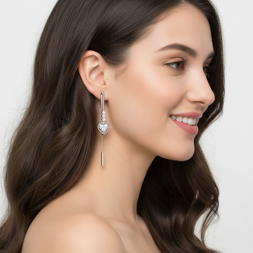Crystal Heart Threader Earrings With Bar Drop - Eight