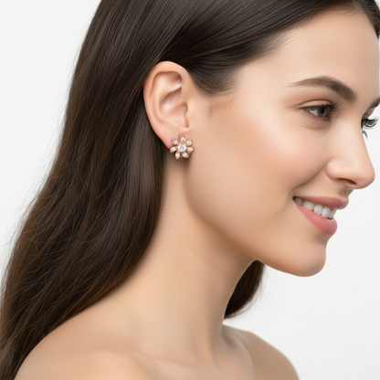 Diamond Flower Stud Earrings In Gold - Five
