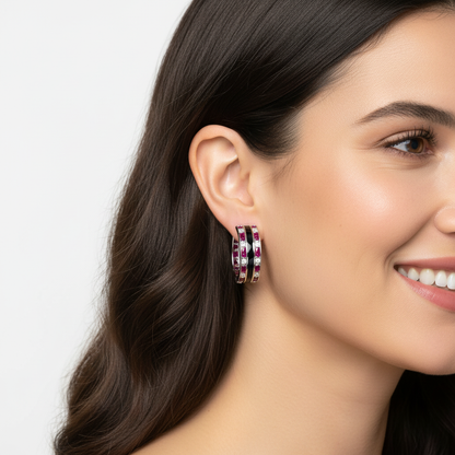 Ruby & Diamond Triple Row Hoop Earrings In White Gold With Black Enamel – Bold Luxury Hoops | Jebij - Five