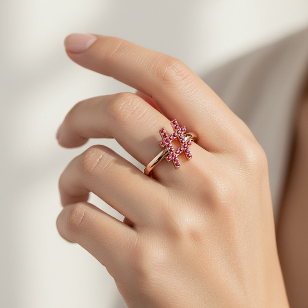 Ruby Hashtag Symbol Ring In Rose Tone - Ten