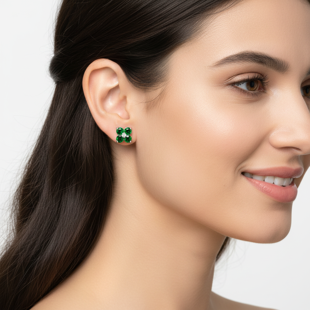 Emerald And Diamond Clover Stud Earrings - Eight