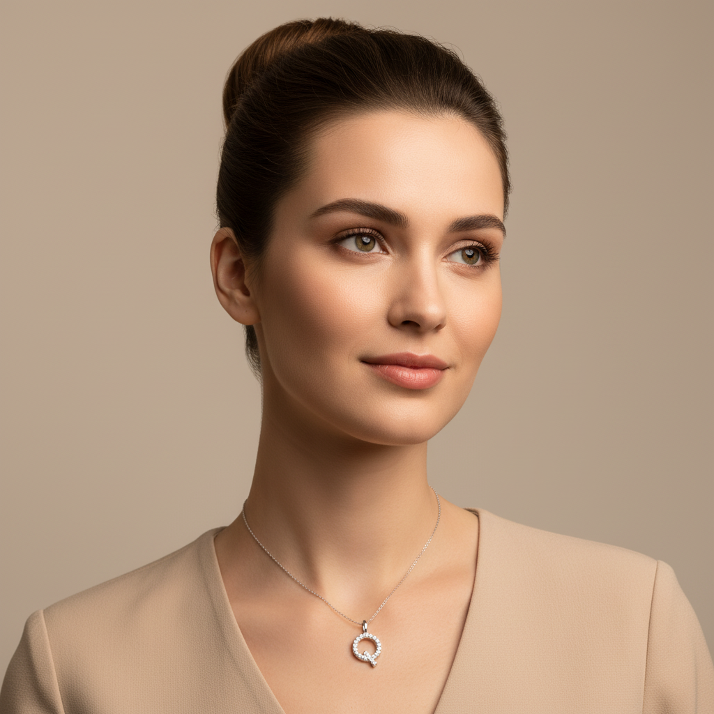 Diamond Letter Q Initial Pendant Charm in White Gold