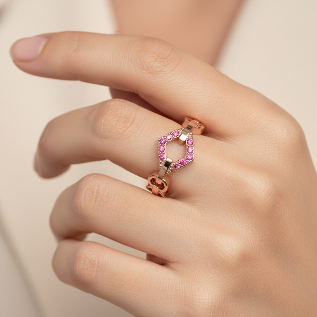 Modern Ruby Chevron Ring | Rose Gold Double V Chain Link Statement Jewellery | Jebij - Eight