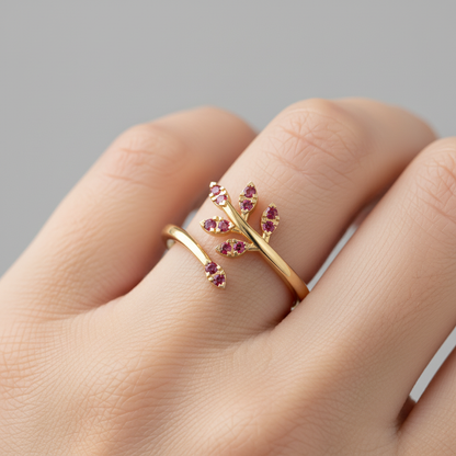 Ruby Leaf Vine Wrap Ring With Adjustable Band - Eight