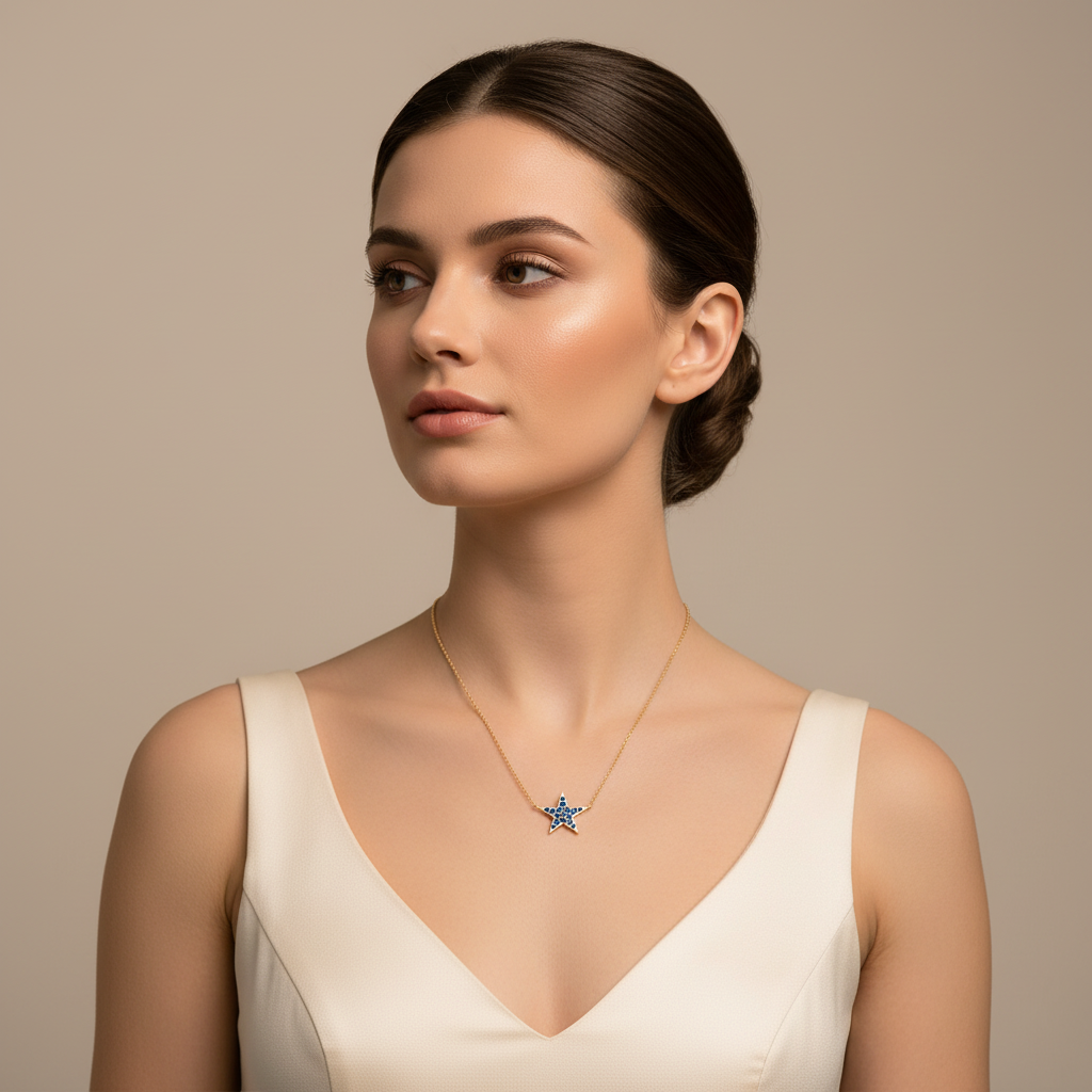 Blue Sapphire Star Pendant Necklace With Rose Tone Chain - Five