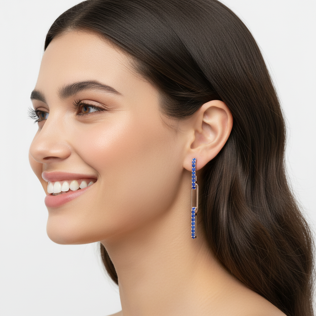 Blue Sapphire Linear Drop Earrings With Safety Pin Design - Five