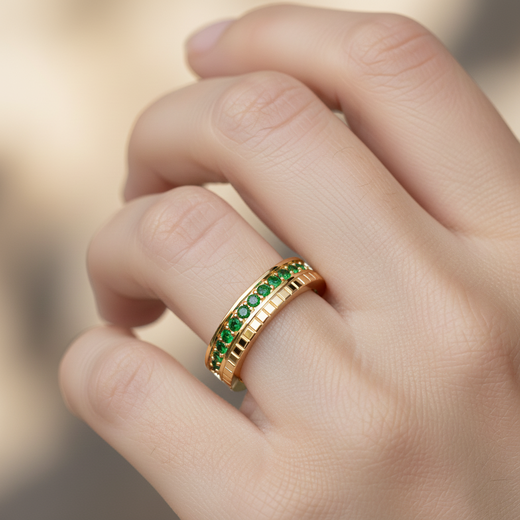 Emerald Pav Eternity Band Ring With Textured Detail - Eight