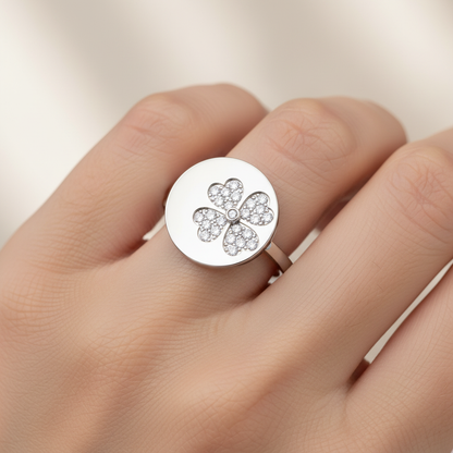 Diamond Four Leaf Clover Disc Ring - Eight
