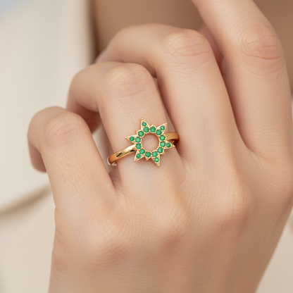Emerald Star Halo Ring With Open Center Design - Eight