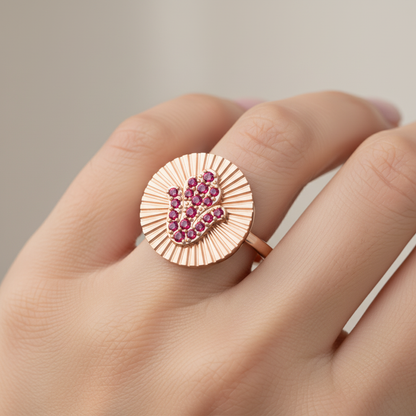 Ruby Hamsa Hand Disc Ring With Sunburst Detail - Eight