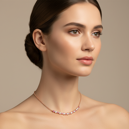 Curved Bar Necklace With White And Red Gemstones - Five