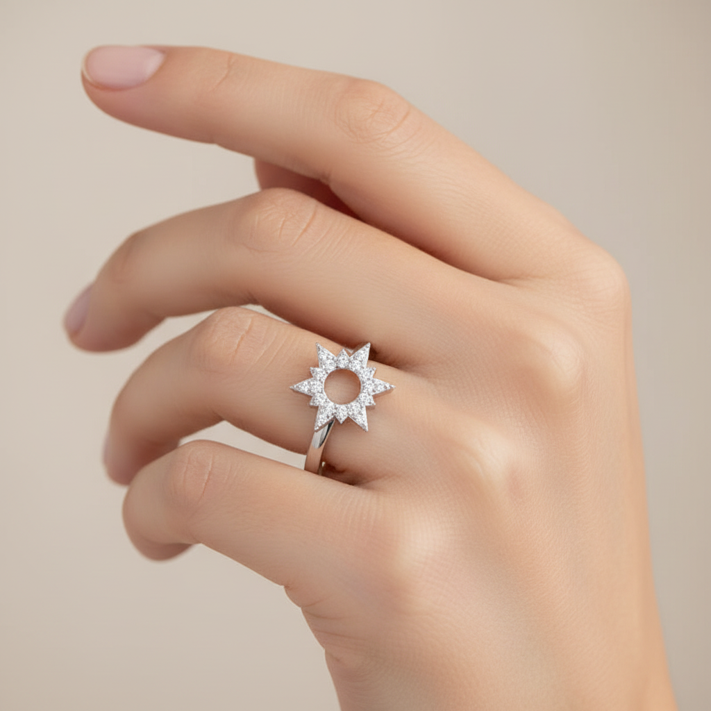 Starburst Diamond Halo Ring With Open Center Design - Eight