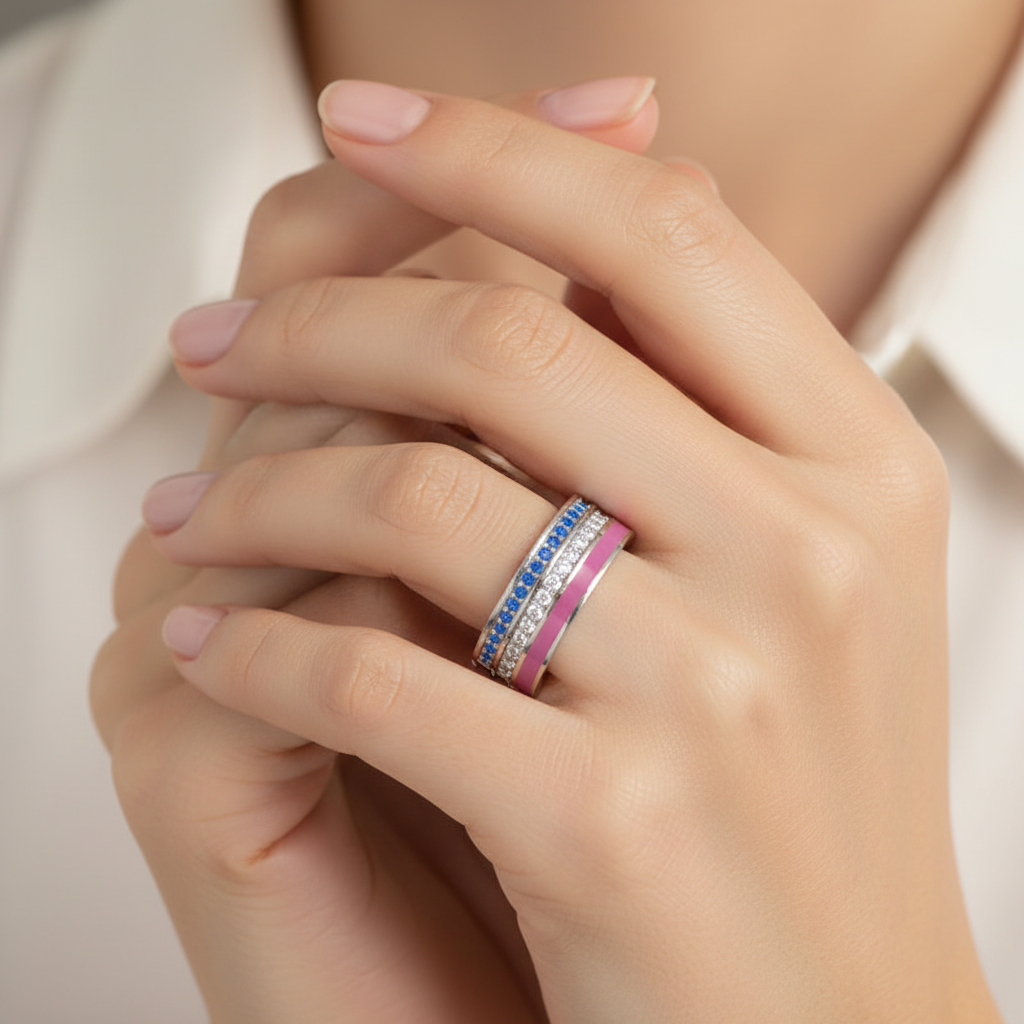 Blue Sapphire And Diamond Stackable Ring Set With Pink Enamel Band - Eight