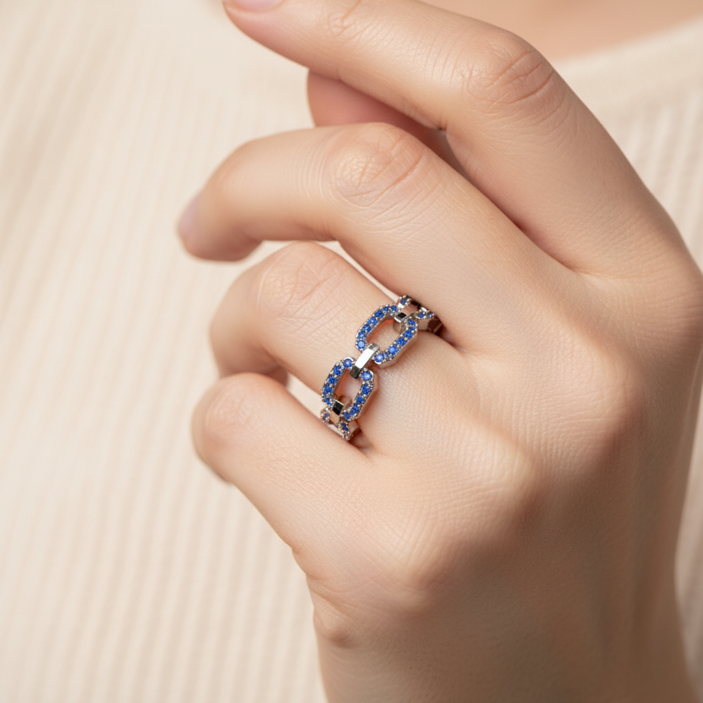 Blue Sapphire Chain Link Ring In White Gold | Double Pave Interlocking Statement Luxury Ring For Women | Jebij - Eight