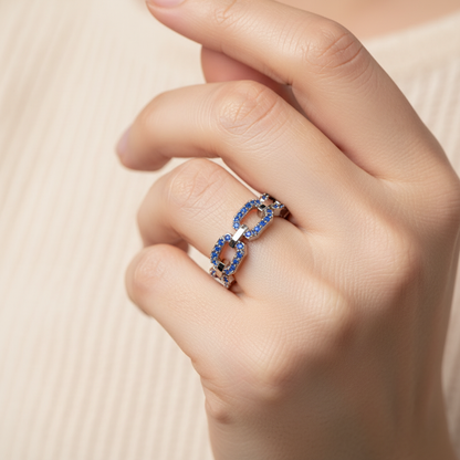 Blue Sapphire Chain Link Ring In White Gold | Double Pave Interlocking Statement Luxury Ring For Women | Jebij - Eight