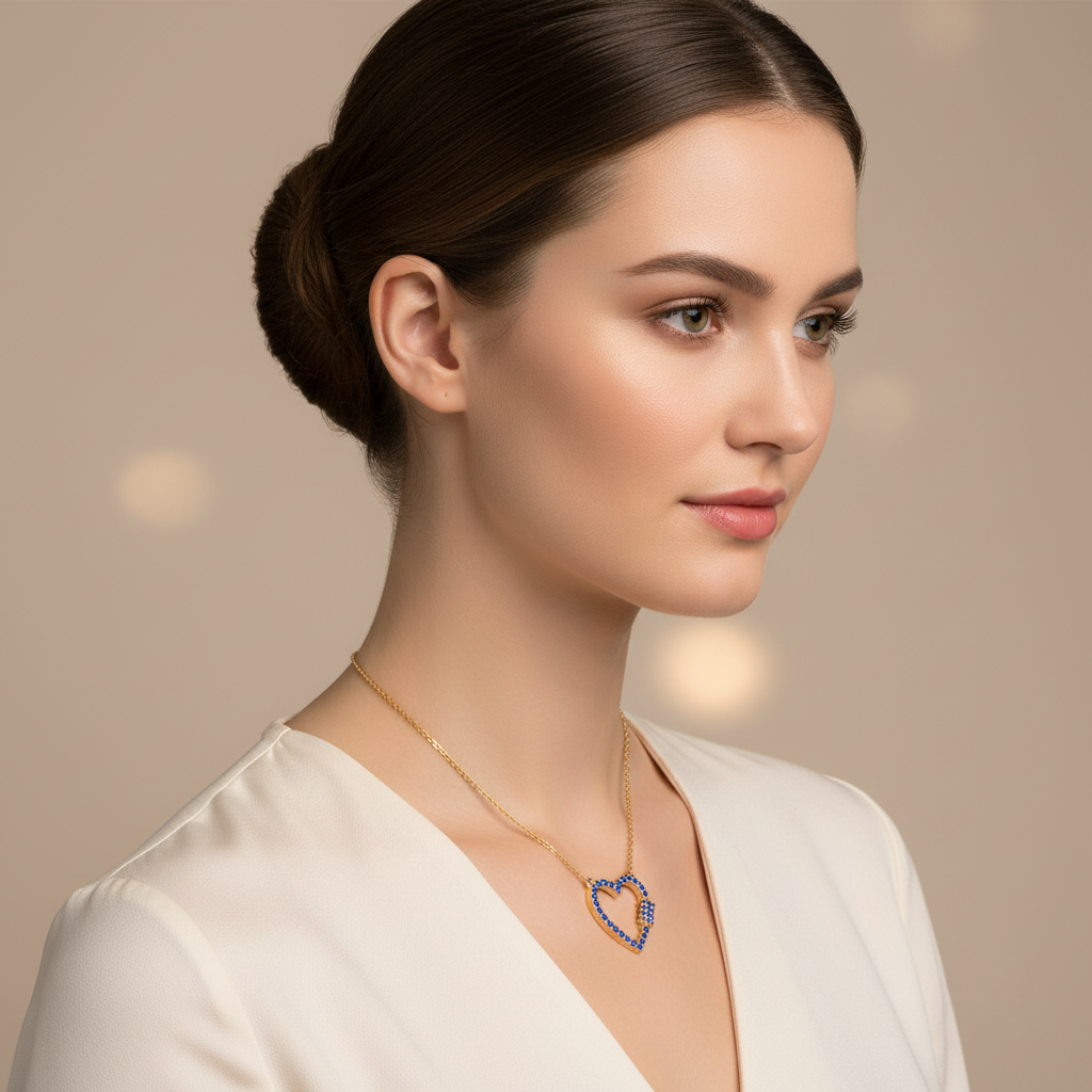 Lab-Grown Blue Sapphire Open Heart Necklace In Rose Gold | Elegant Pave Pendant With Adjustable 16–17 Inch Chain - Five