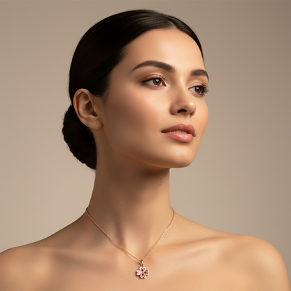 Pink Enamel Four Leaf Clover Pendant Necklace With Gemstones - Five
