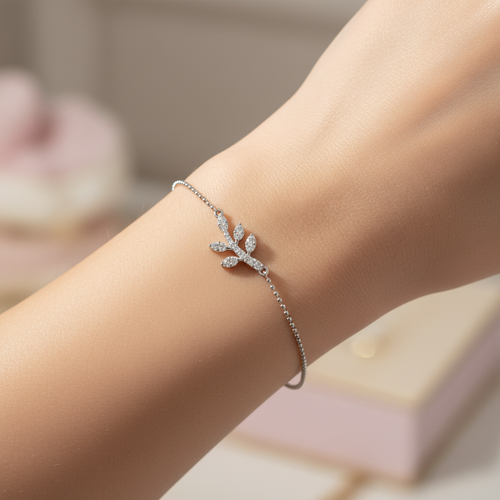 Delicate Leaf Branch Bracelet With Cubic Zirconia Stones - Eight