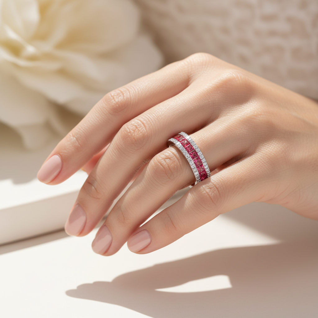 Princess Cut Ruby And Diamond Channel Set Wedding Band Ring - Ten