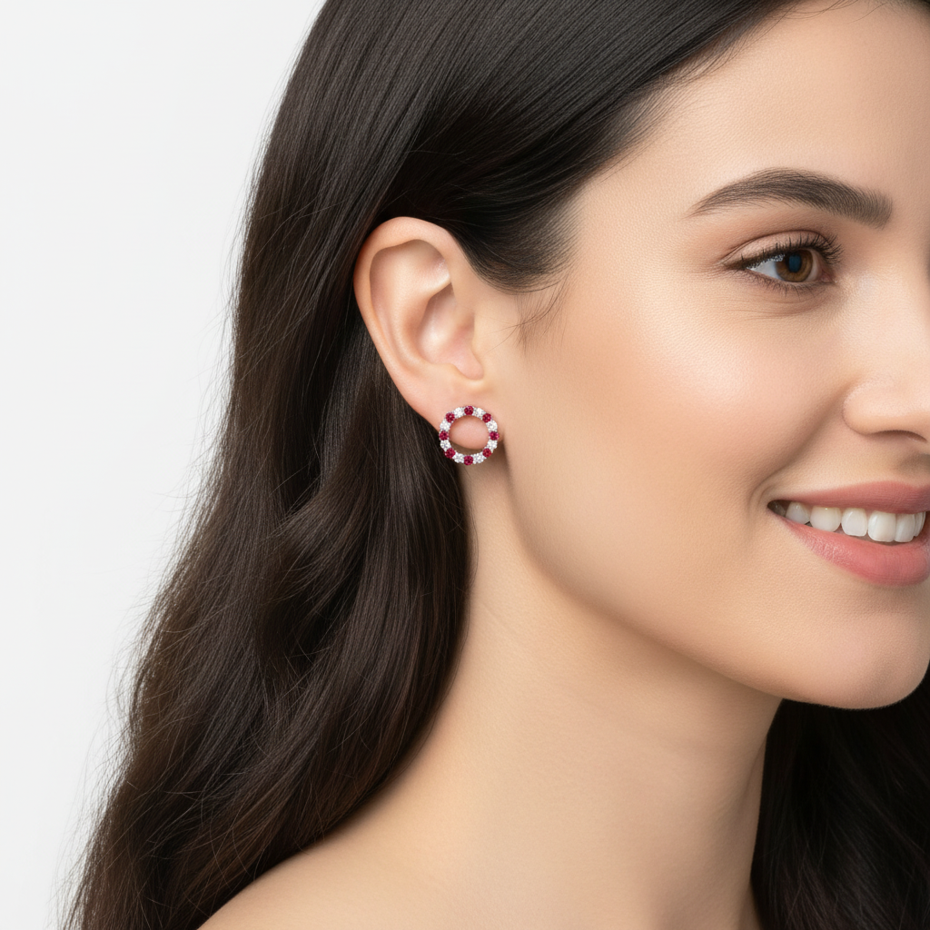 Red Gemstone And White Diamond Circle Stud Earrings In White Gold - Eight