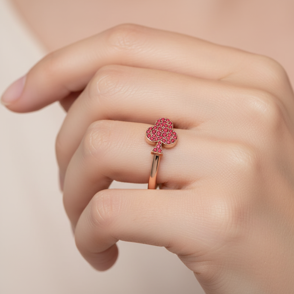 Ruby Clover Charm Stackable Ring - Nine