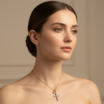 Blue Crystal Cross Pendant Necklace With Heart Charm - Four