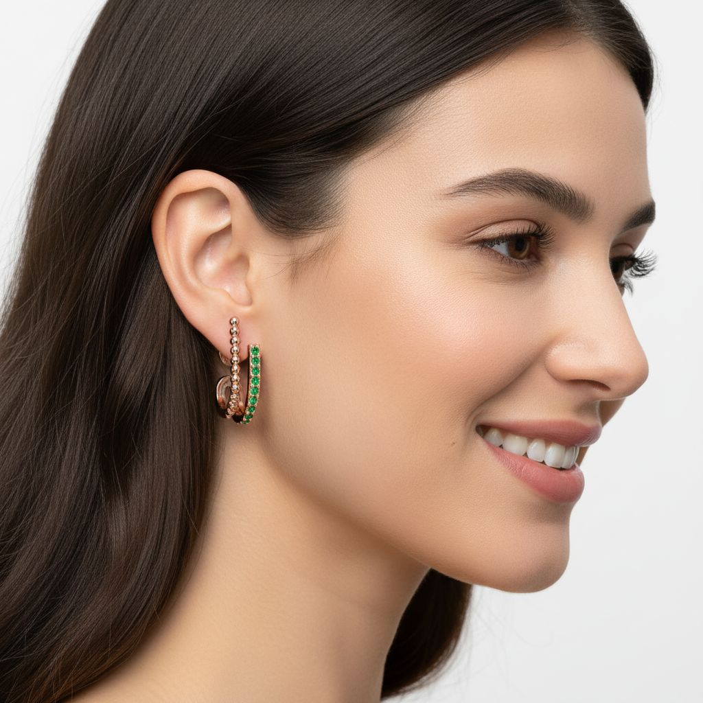 Emerald Beaded Double Hoop Stud Earrings - Five