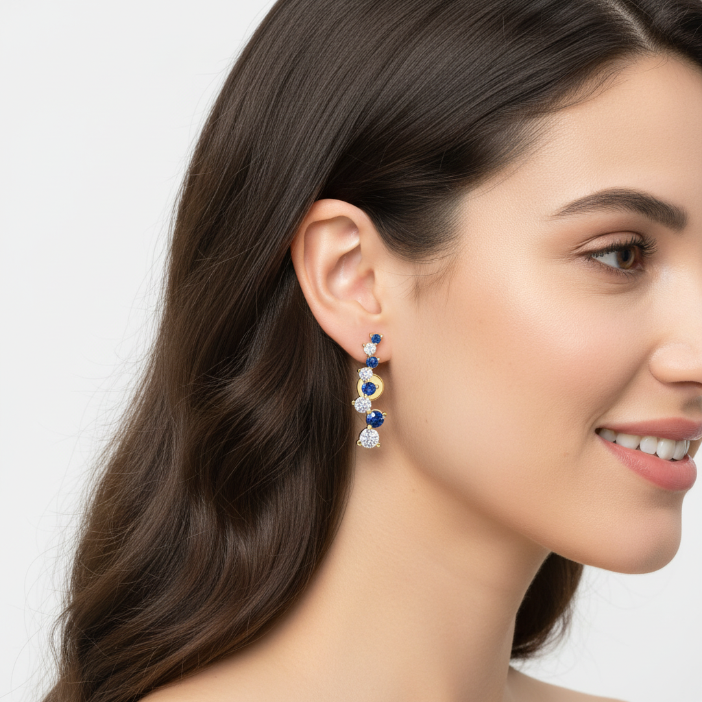 Blue Sapphire And White Diamond Curved Climber Earrings In 14K Yellow Gold - Eight