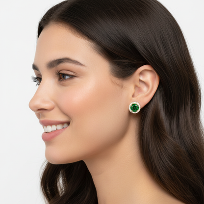 Emerald Green Round Halo Stud Earrings With Screw Back - Eight