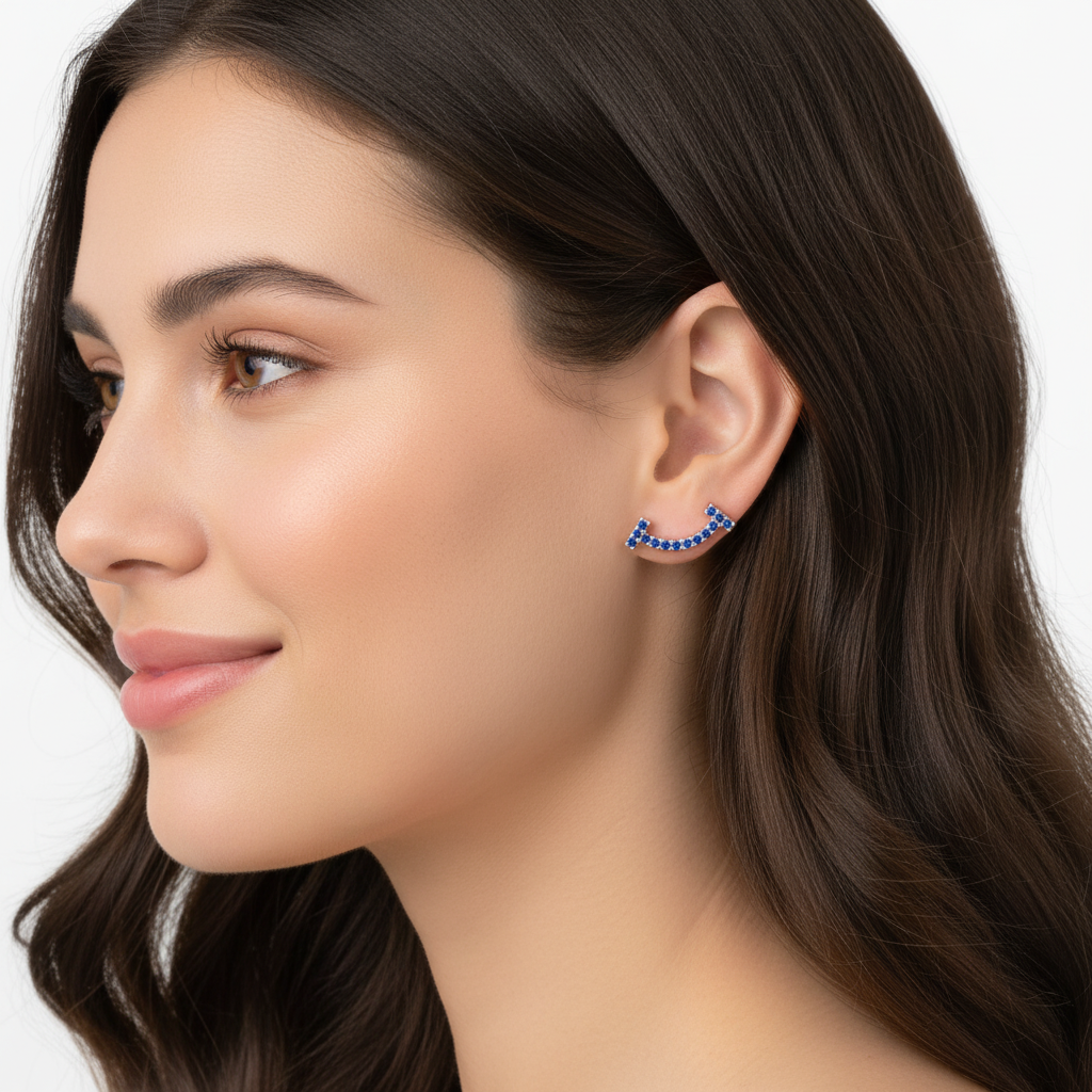 Blue Sapphire Curved Bar Ear Jacket Earrings - Five